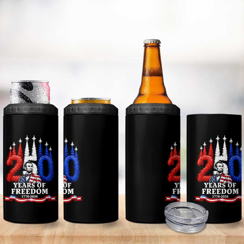 250 Years of Freedom Abraham Lincoln Patriotic 4 in 1 Can Cooler Tumbler US Fighter Jets Red White and Blue 1776 to 2026 Semiquincentennial
