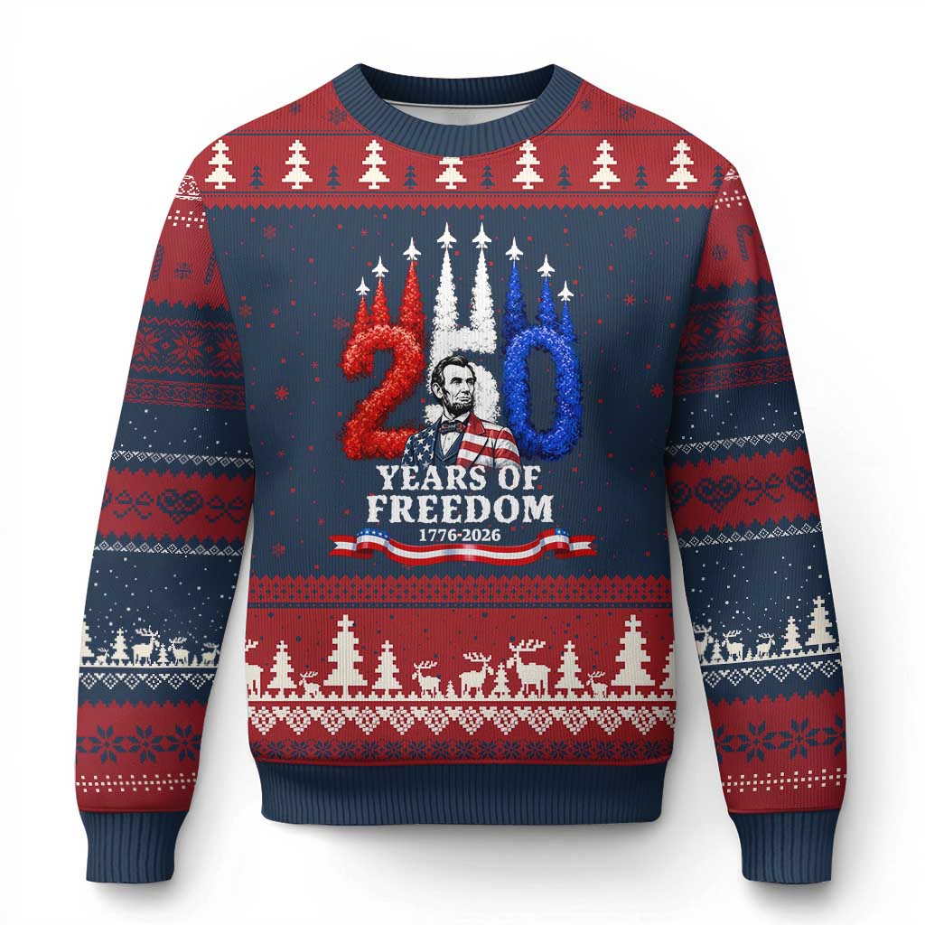 250 Years of Freedom Abraham Lincoln Patriotic Ugly Christmas Sweater US Fighter Jets Red White and Blue 1776 to 2026 Semiquincentennial