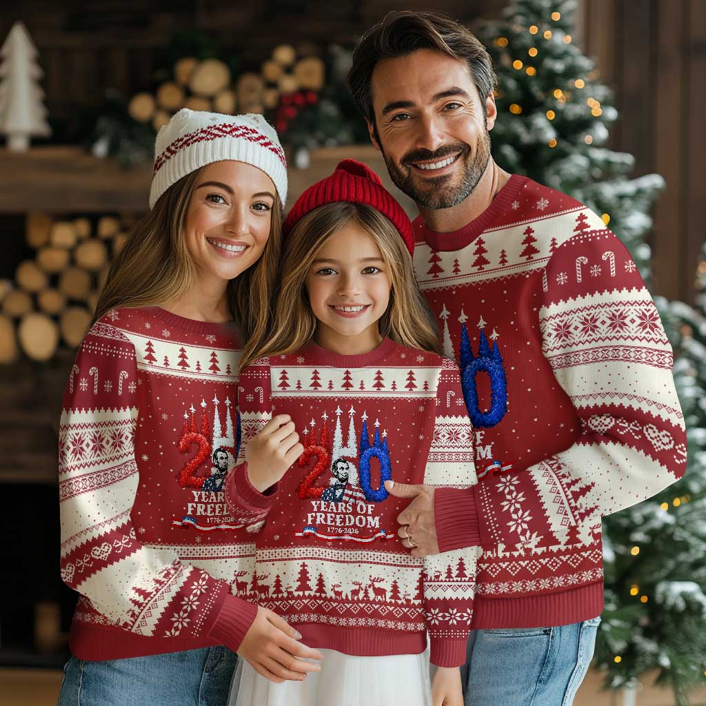 250 Years of Freedom Abraham Lincoln Patriotic Ugly Christmas Sweater US Fighter Jets Red White and Blue 1776 to 2026 Semiquincentennial