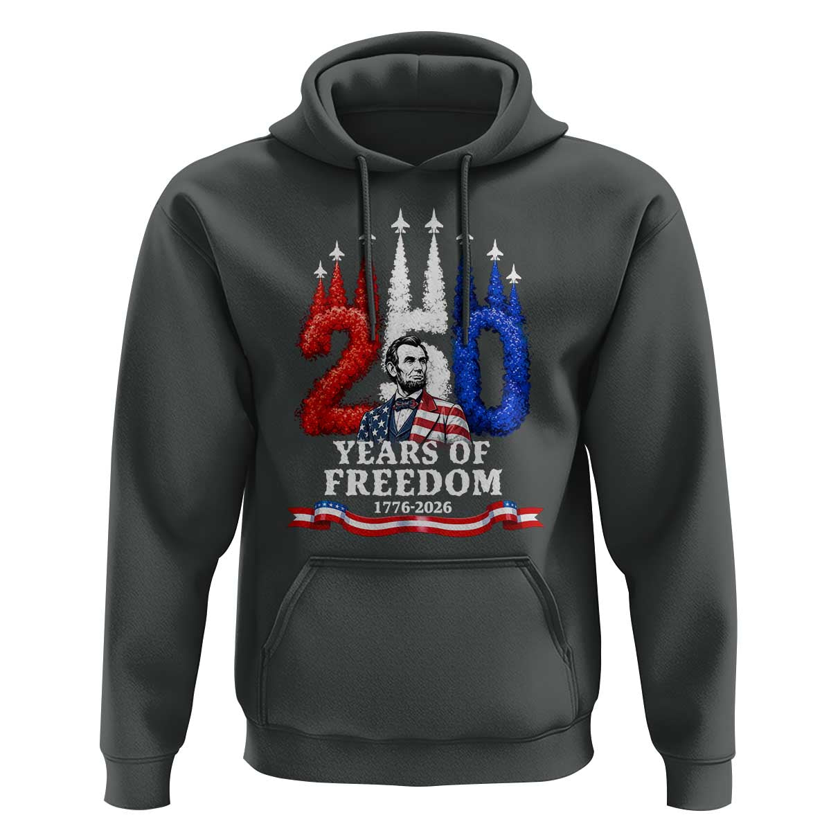 250 Years of Freedom Abraham Lincoln Patriotic Hoodie US Fighter Jets Red White and Blue 1776 to 2026 Semiquincentennial