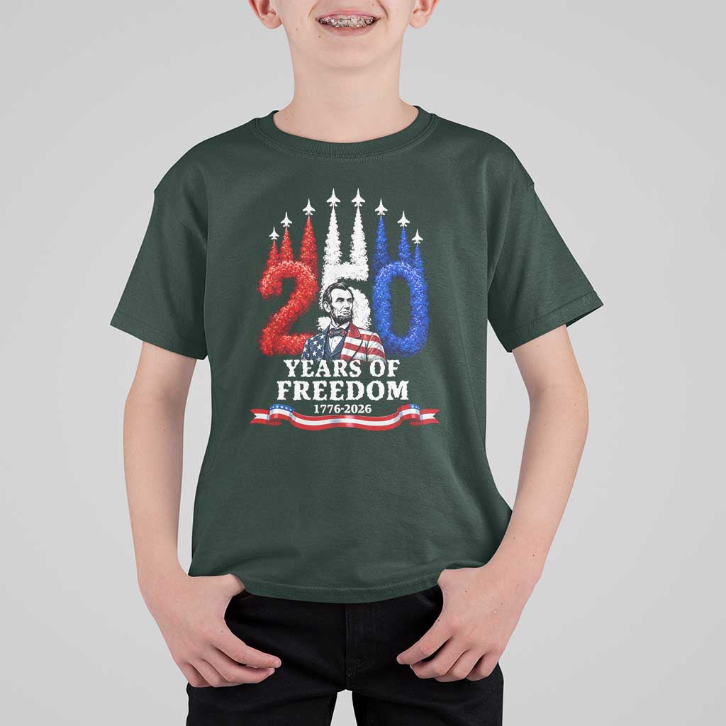 250 Years of Freedom Abraham Lincoln Patriotic T Shirt For Kid US Fighter Jets Red White and Blue 1776 to 2026 Semiquincentennial