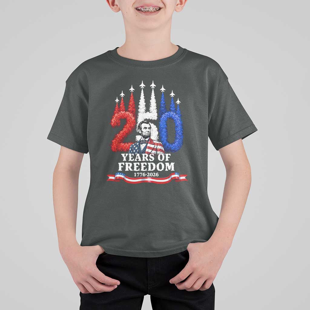 250 Years of Freedom Abraham Lincoln Patriotic T Shirt For Kid US Fighter Jets Red White and Blue 1776 to 2026 Semiquincentennial