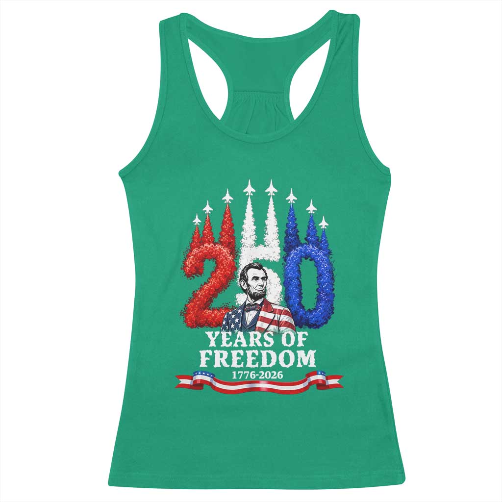 250 Years of Freedom Abraham Lincoln Patriotic Racerback Tank Top US Fighter Jets Red White and Blue 1776 to 2026 Semiquincentennial