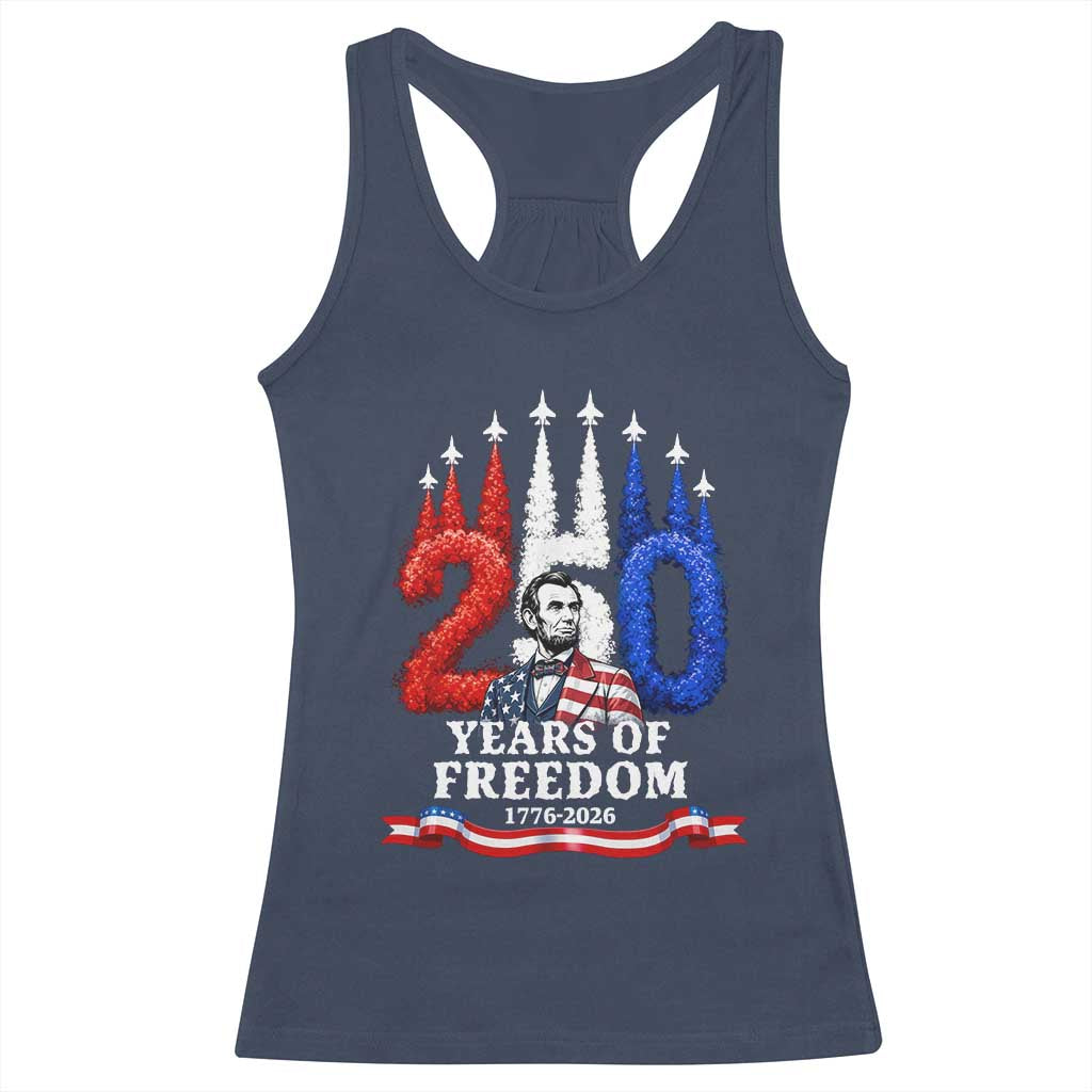 250 Years of Freedom Abraham Lincoln Patriotic Racerback Tank Top US Fighter Jets Red White and Blue 1776 to 2026 Semiquincentennial