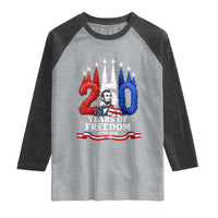 250 Years of Freedom Abraham Lincoln Patriotic Raglan Shirt US Fighter Jets Red White and Blue 1776 to 2026 Semiquincentennial