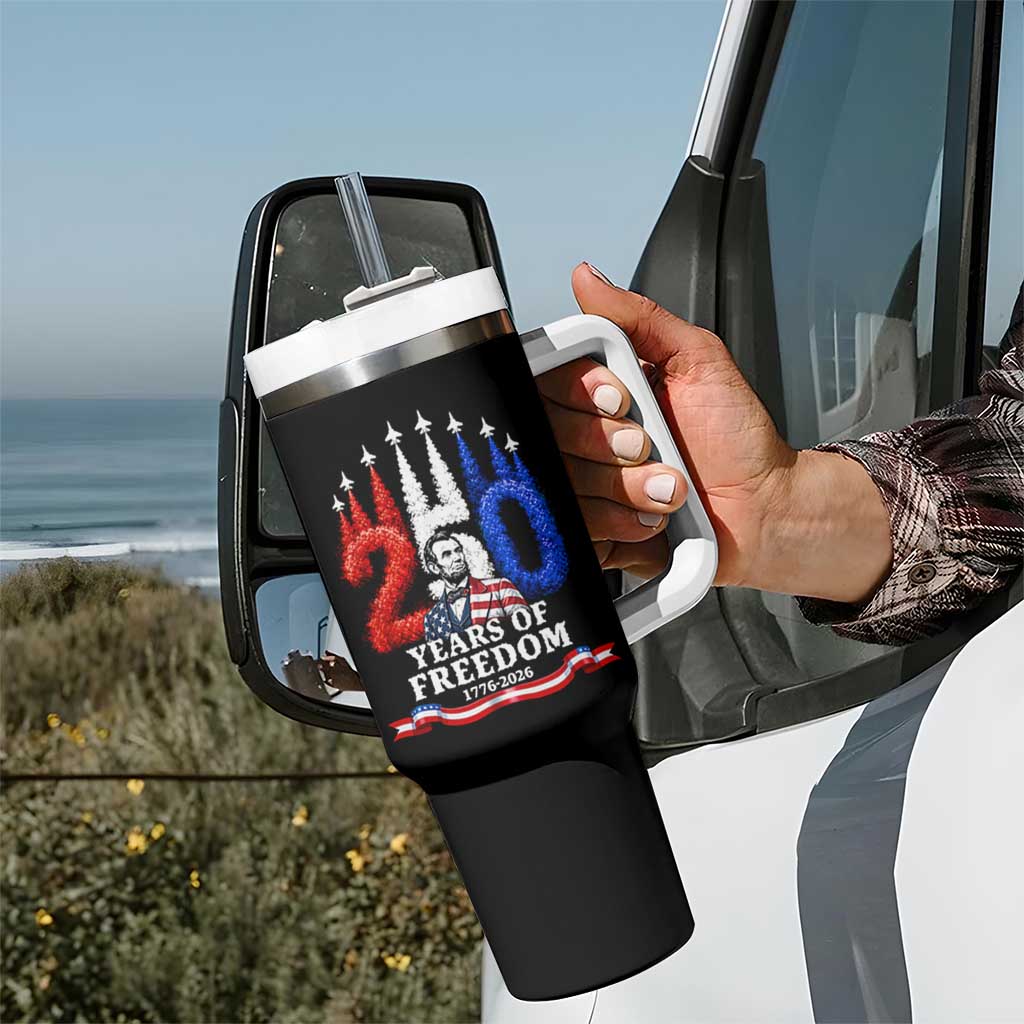 250 Years of Freedom Abraham Lincoln Patriotic Tumbler With Handle US Fighter Jets Red White and Blue 1776 to 2026 Semiquincentennial