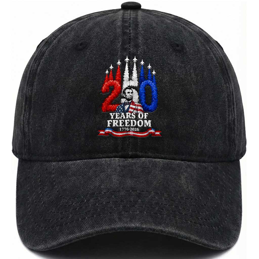 250 Years of Freedom Abraham Lincoln Patriotic Washed Cotton Baseball Cap US Fighter Jets Red White and Blue 1776 to 2026 Semiquincentennial