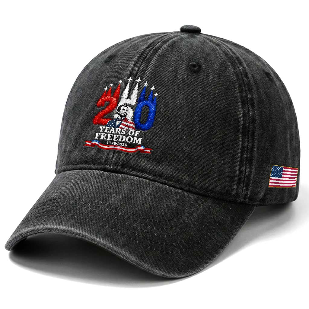 250 Years of Freedom Abraham Lincoln Patriotic Washed Cotton Baseball Cap US Fighter Jets Red White and Blue 1776 to 2026 Semiquincentennial