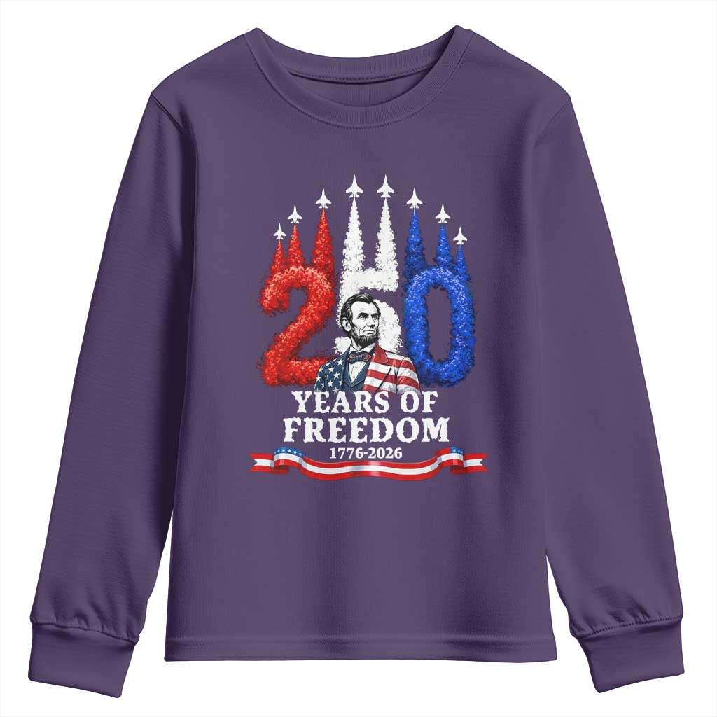 250 Years of Freedom Abraham Lincoln Patriotic Youth Sweatshirt US Fighter Jets Red White and Blue 1776 to 2026 Semiquincentennial