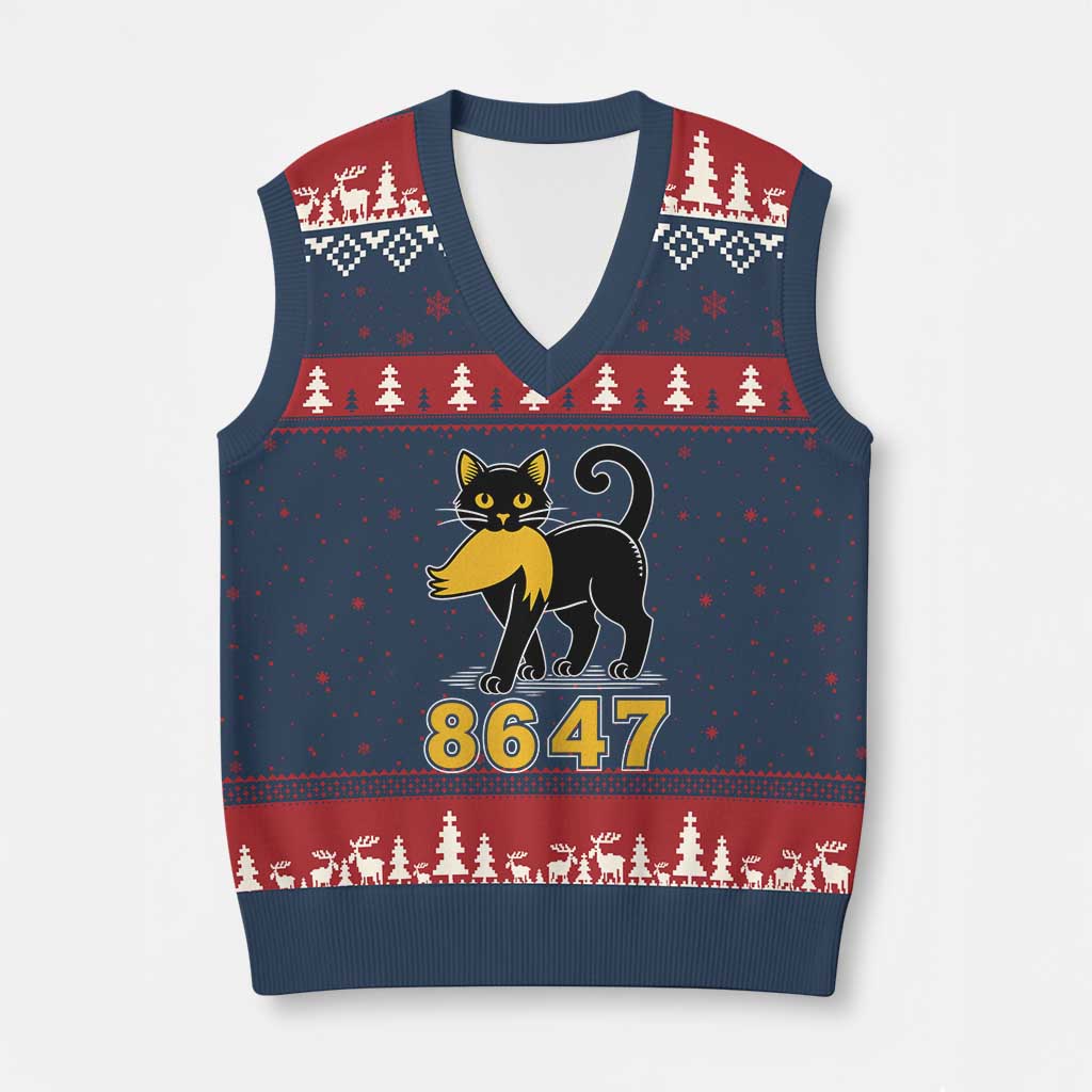 8647 Black Cat Golden Hair Prey V-Neck Knit Sweater Vest Funny Coded Political Satire