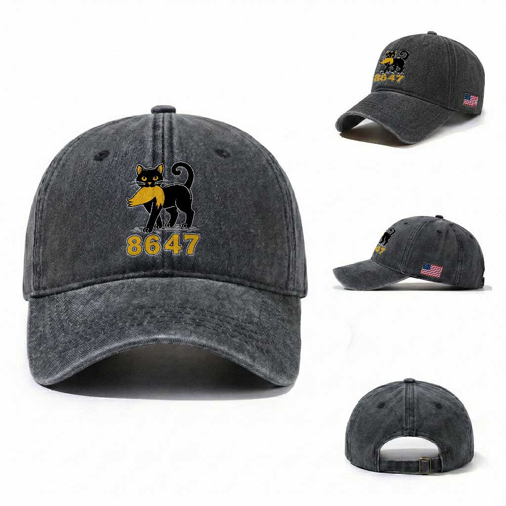 8647 Black Cat Golden Hair Prey Washed Cotton Baseball Cap Funny Coded Political Satire