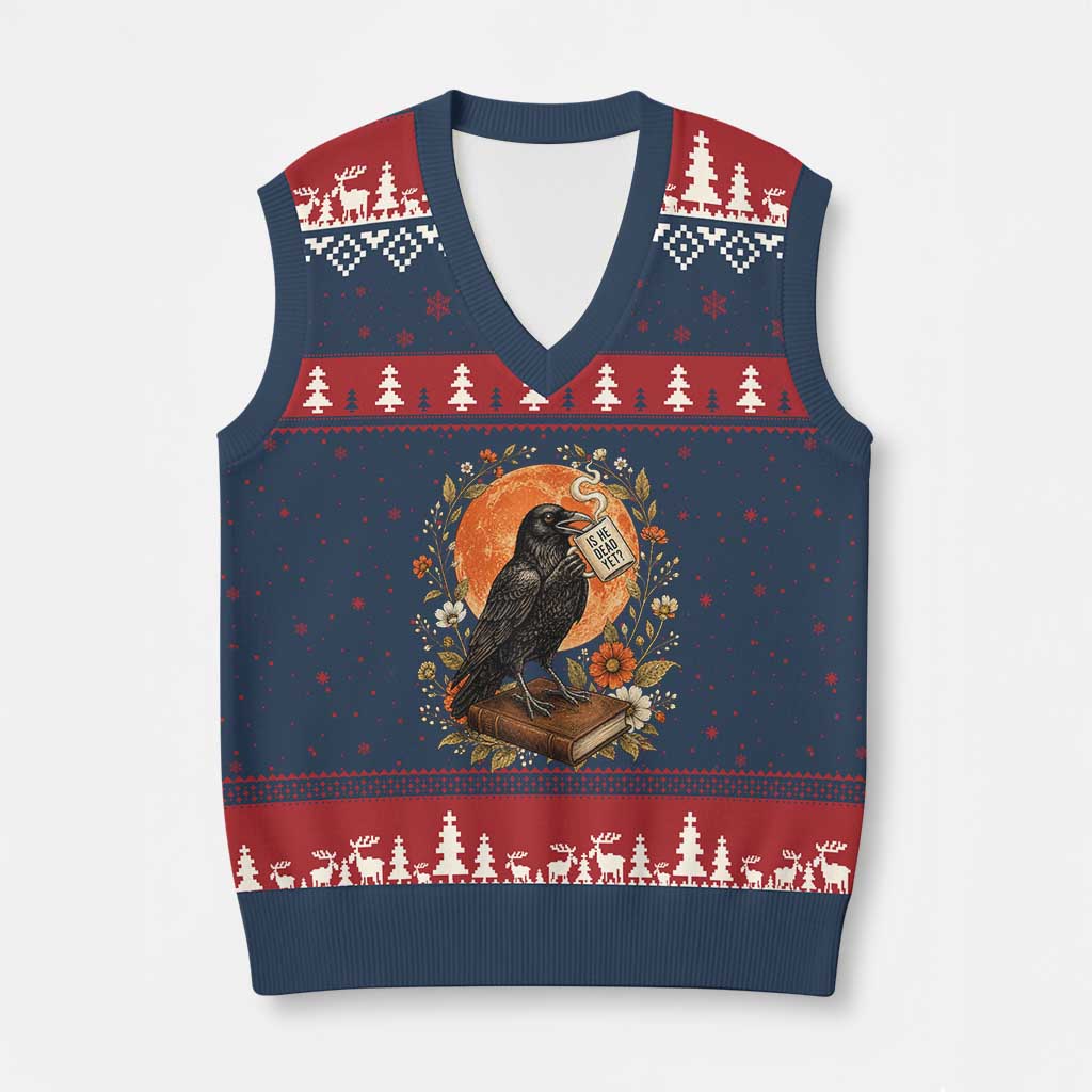 Is He Dead Yet Raven Drinking Coffee V-Neck Knit Sweater Vest Vintage Book Political Dark Humor