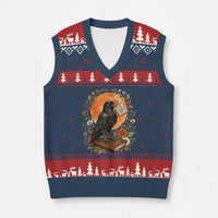 Is He Dead Yet Raven Drinking Coffee V-Neck Knit Sweater Vest Vintage Book Political Dark Humor