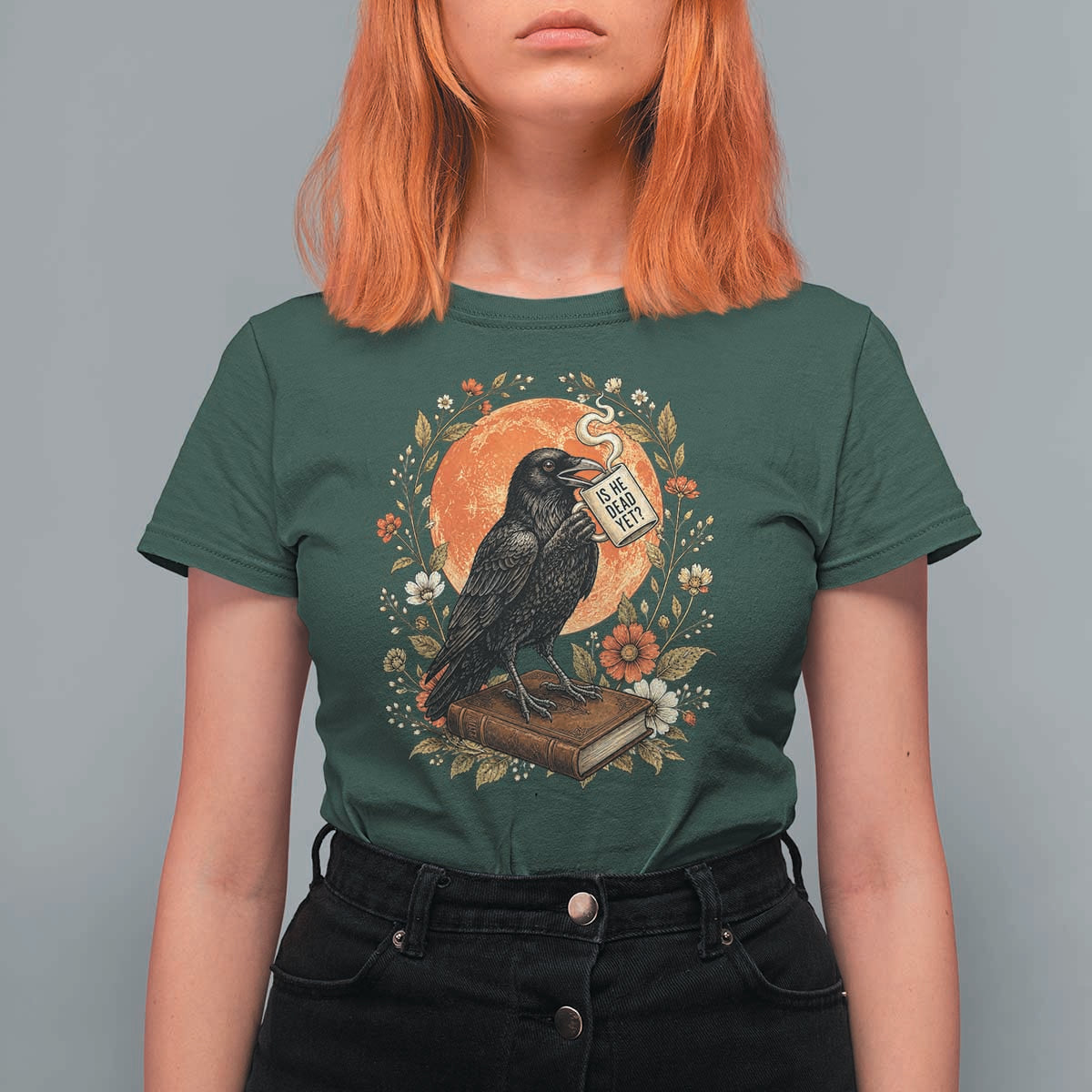 Is He Dead Yet Raven Drinking Coffee T Shirt For Women Vintage Book Political Dark Humor
