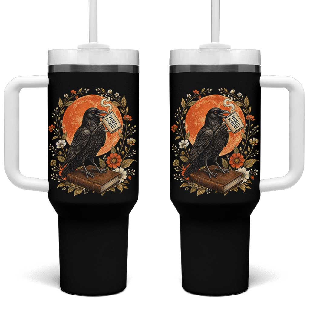Is He Dead Yet Raven Drinking Coffee Tumbler With Handle Vintage Book Political Dark Humor