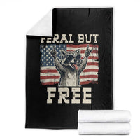 Feral But Free Funny Raccoon Patriotic Throw Blanket Cool American Flag Sunglasses Rock On Hand Signs Vintage USA Flag