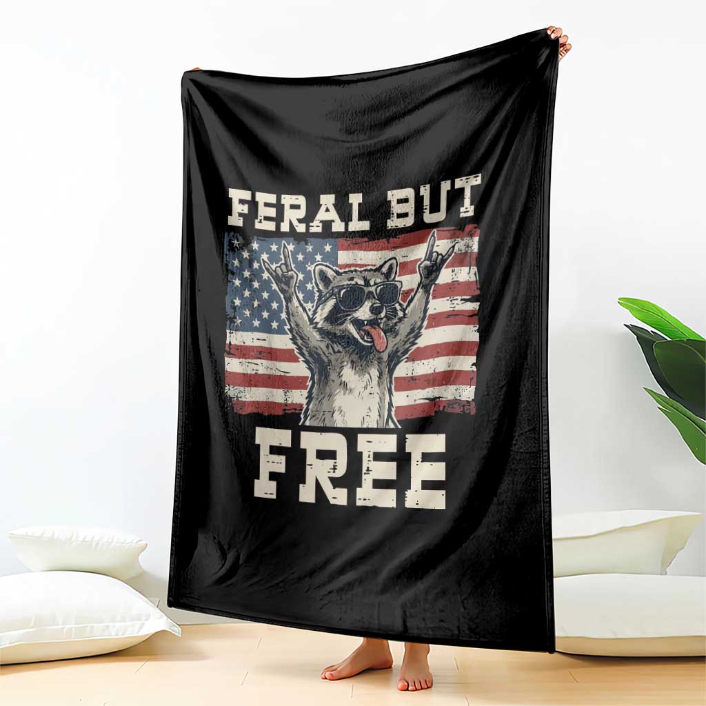 Feral But Free Funny Raccoon Patriotic Throw Blanket Cool American Flag Sunglasses Rock On Hand Signs Vintage USA Flag