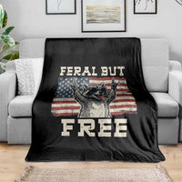 Feral But Free Funny Raccoon Patriotic Throw Blanket Cool American Flag Sunglasses Rock On Hand Signs Vintage USA Flag