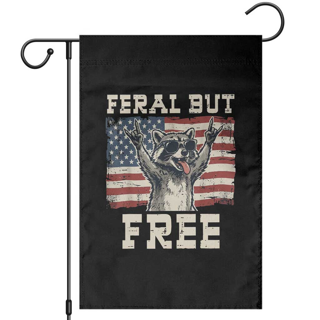Feral But Free Funny Raccoon Patriotic Garden Flag Cool American Flag Sunglasses Rock On Hand Signs Vintage USA Flag