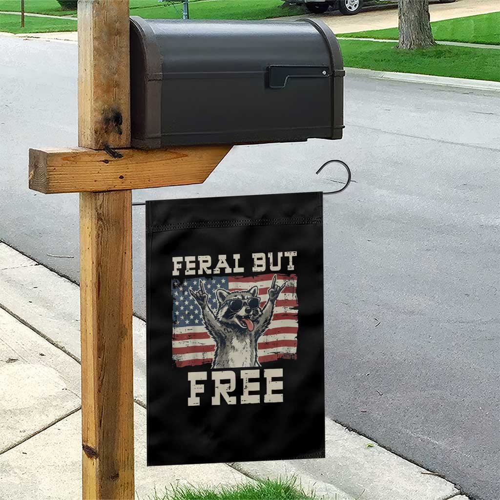 Feral But Free Funny Raccoon Patriotic Garden Flag Cool American Flag Sunglasses Rock On Hand Signs Vintage USA Flag