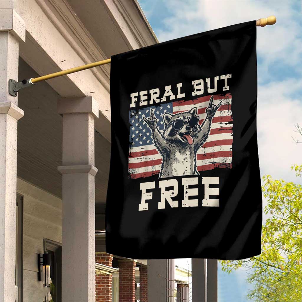 Feral But Free Funny Raccoon Patriotic Garden Flag Cool American Flag Sunglasses Rock On Hand Signs Vintage USA Flag