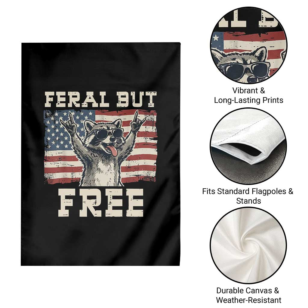 Feral But Free Funny Raccoon Patriotic Garden Flag Cool American Flag Sunglasses Rock On Hand Signs Vintage USA Flag