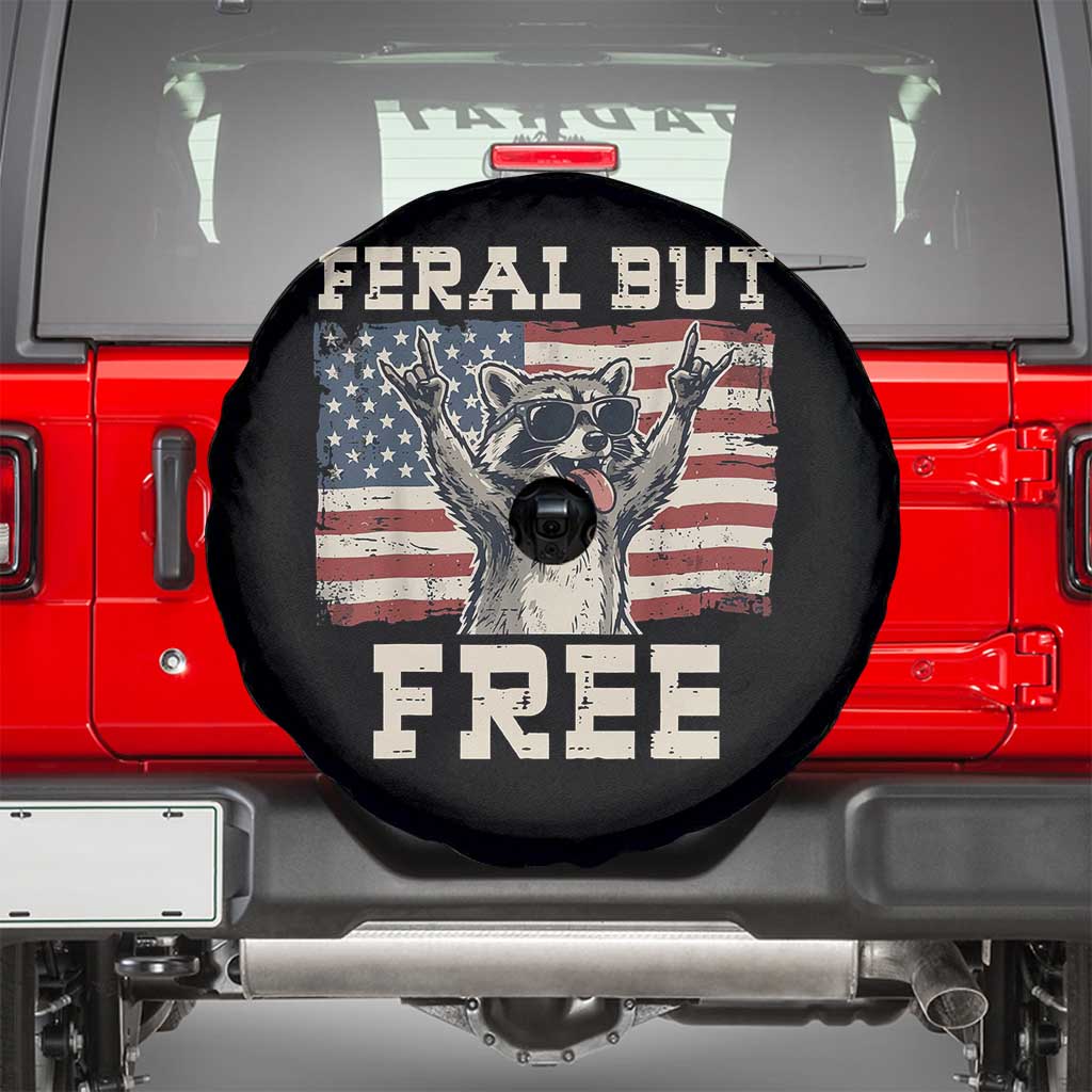 Feral But Free Funny Raccoon Patriotic Spare Tire Cover Cool American Flag Sunglasses Rock On Hand Signs Vintage USA Flag