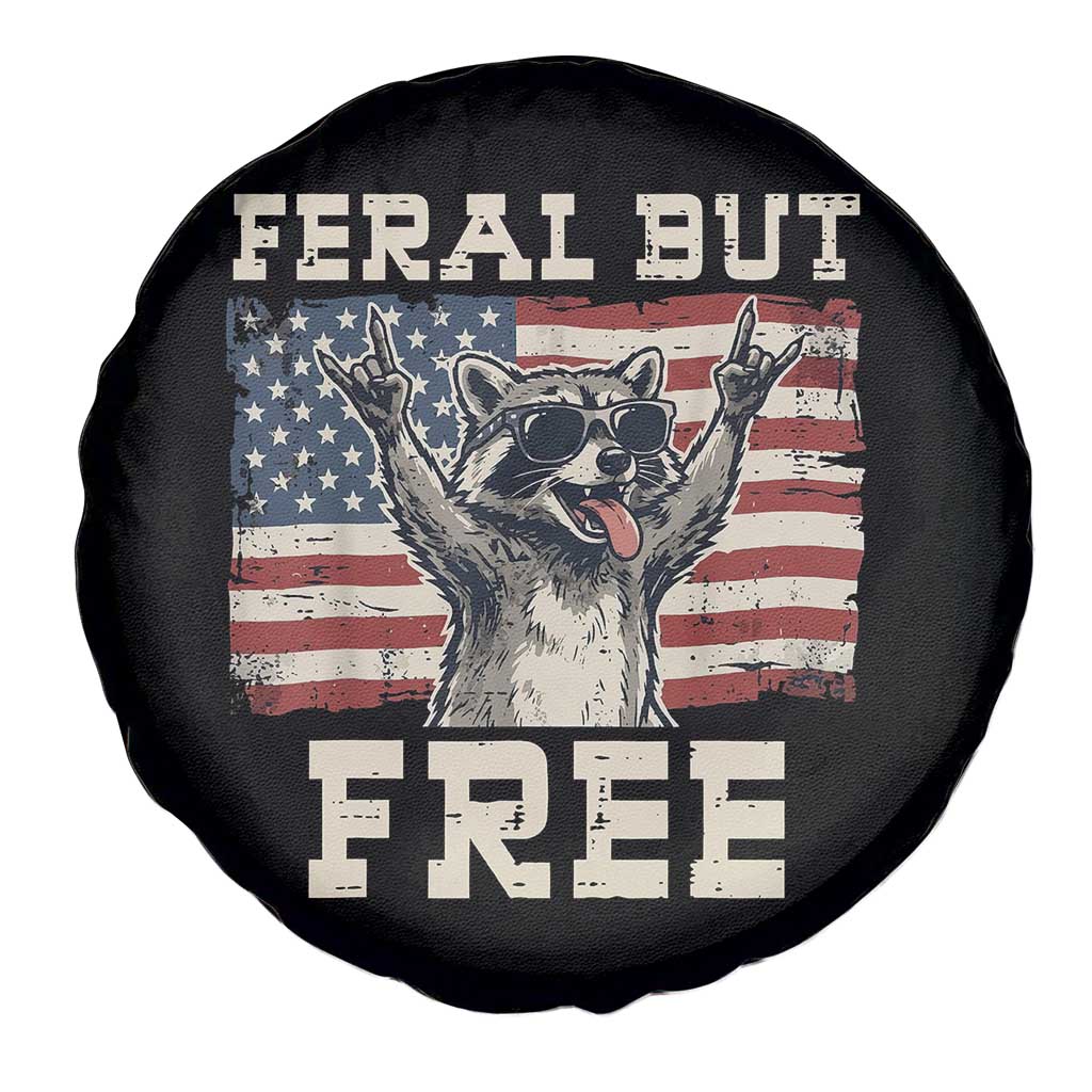 Feral But Free Funny Raccoon Patriotic Spare Tire Cover Cool American Flag Sunglasses Rock On Hand Signs Vintage USA Flag
