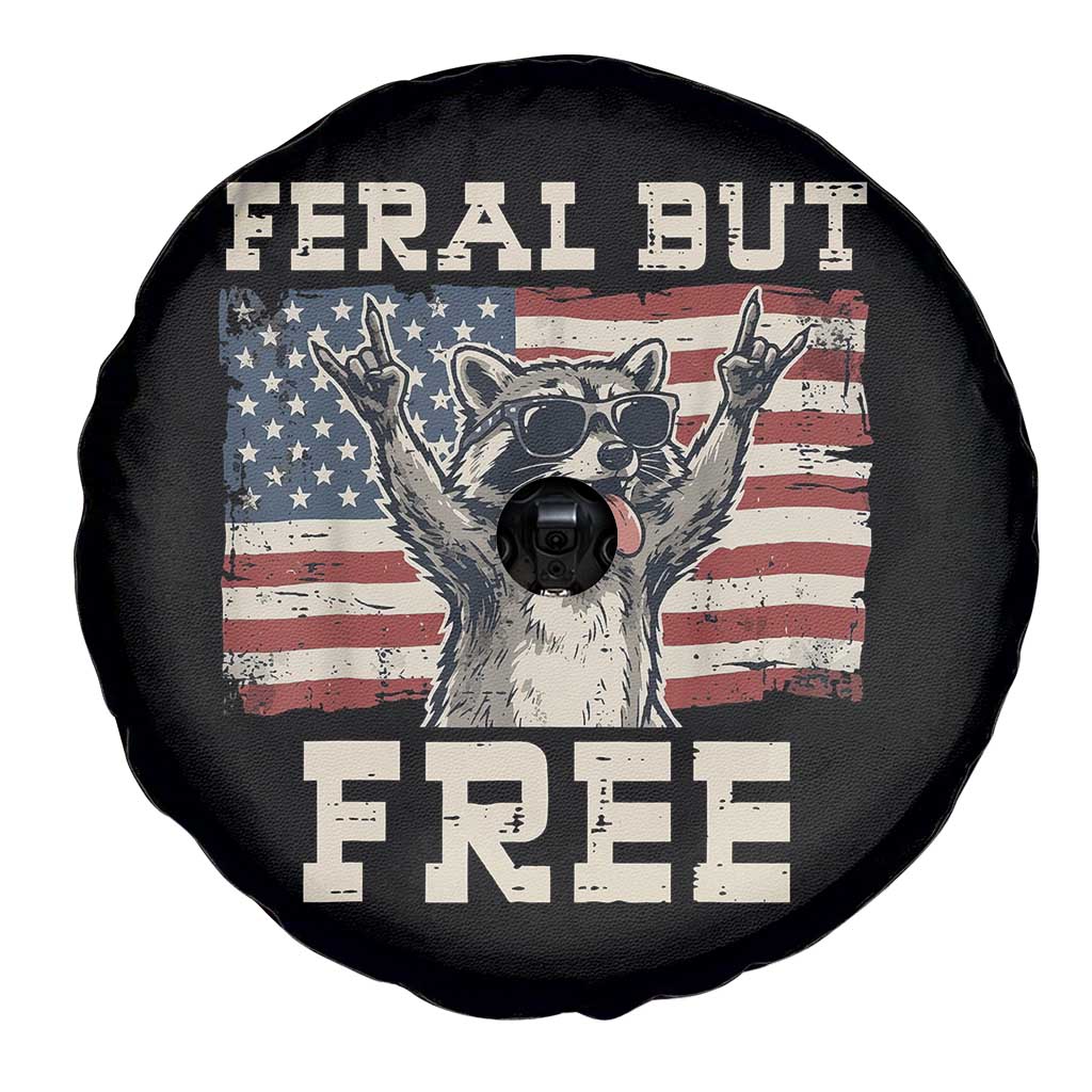 Feral But Free Funny Raccoon Patriotic Spare Tire Cover Cool American Flag Sunglasses Rock On Hand Signs Vintage USA Flag