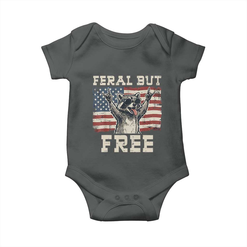 Feral But Free Funny Raccoon Patriotic Baby Onesie Cool American Flag Sunglasses Rock On Hand Signs Vintage USA Flag