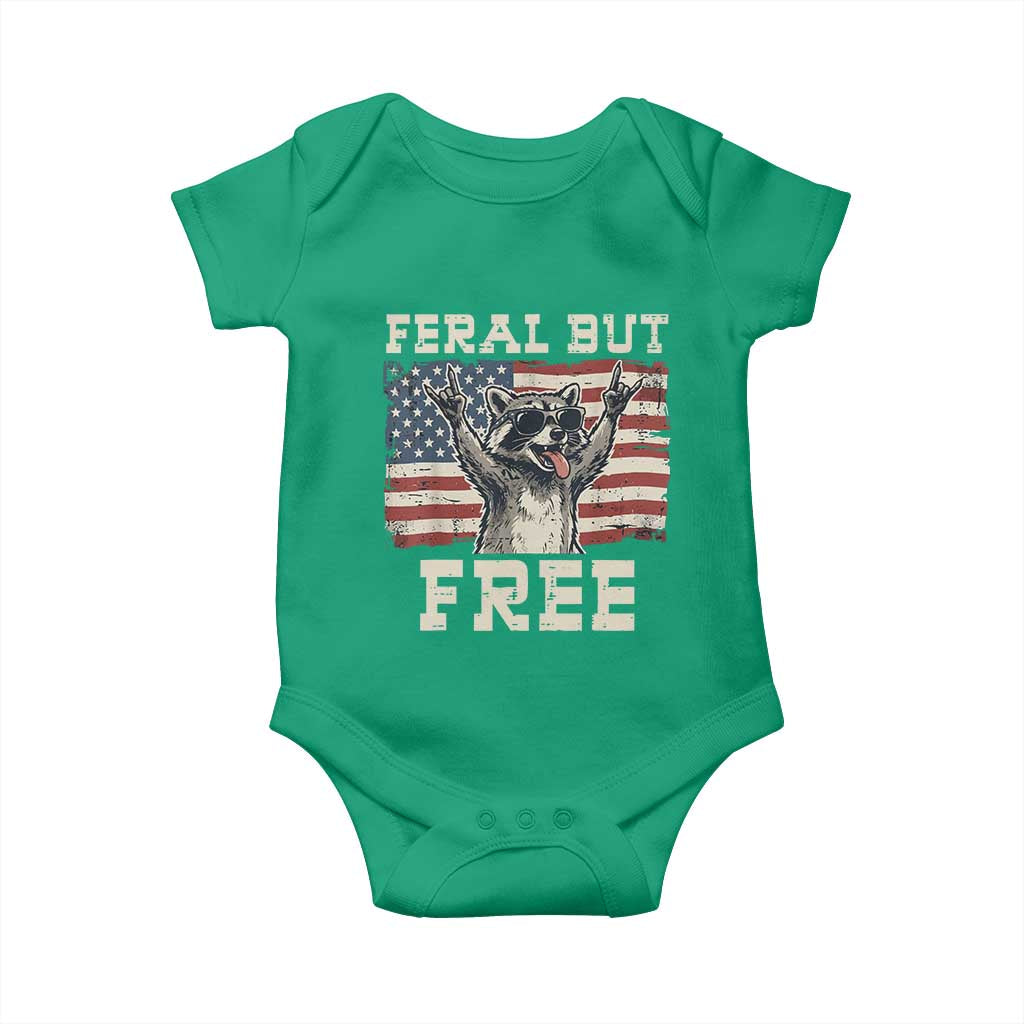 Feral But Free Funny Raccoon Patriotic Baby Onesie Cool American Flag Sunglasses Rock On Hand Signs Vintage USA Flag