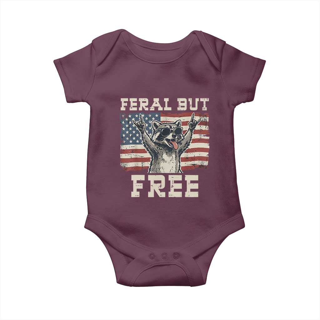 Feral But Free Funny Raccoon Patriotic Baby Onesie Cool American Flag Sunglasses Rock On Hand Signs Vintage USA Flag