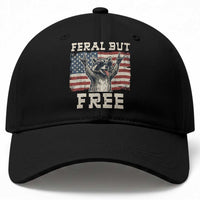 Feral But Free Funny Raccoon Patriotic Baseball Cap Cool American Flag Sunglasses Rock On Hand Signs Vintage USA Flag