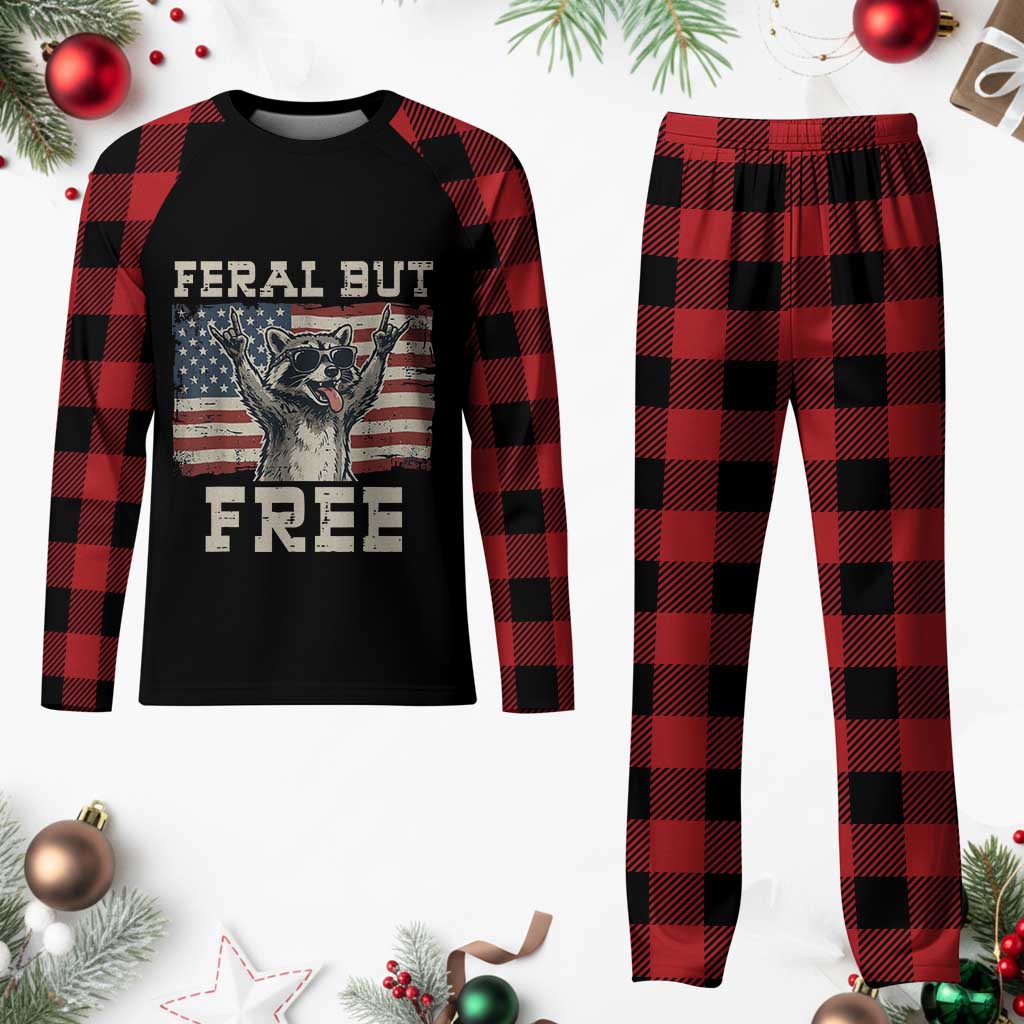 Feral But Free Funny Raccoon Patriotic Plaid Pajama Set Cool American Flag Sunglasses Rock On Hand Signs Vintage USA Flag