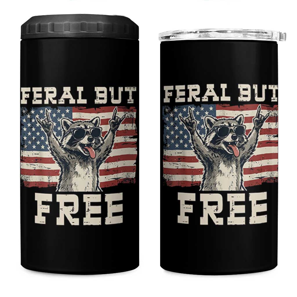 Feral But Free Funny Raccoon Patriotic 4 in 1 Can Cooler Tumbler Cool American Flag Sunglasses Rock On Hand Signs Vintage USA Flag