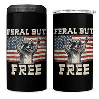 Feral But Free Funny Raccoon Patriotic 4 in 1 Can Cooler Tumbler Cool American Flag Sunglasses Rock On Hand Signs Vintage USA Flag