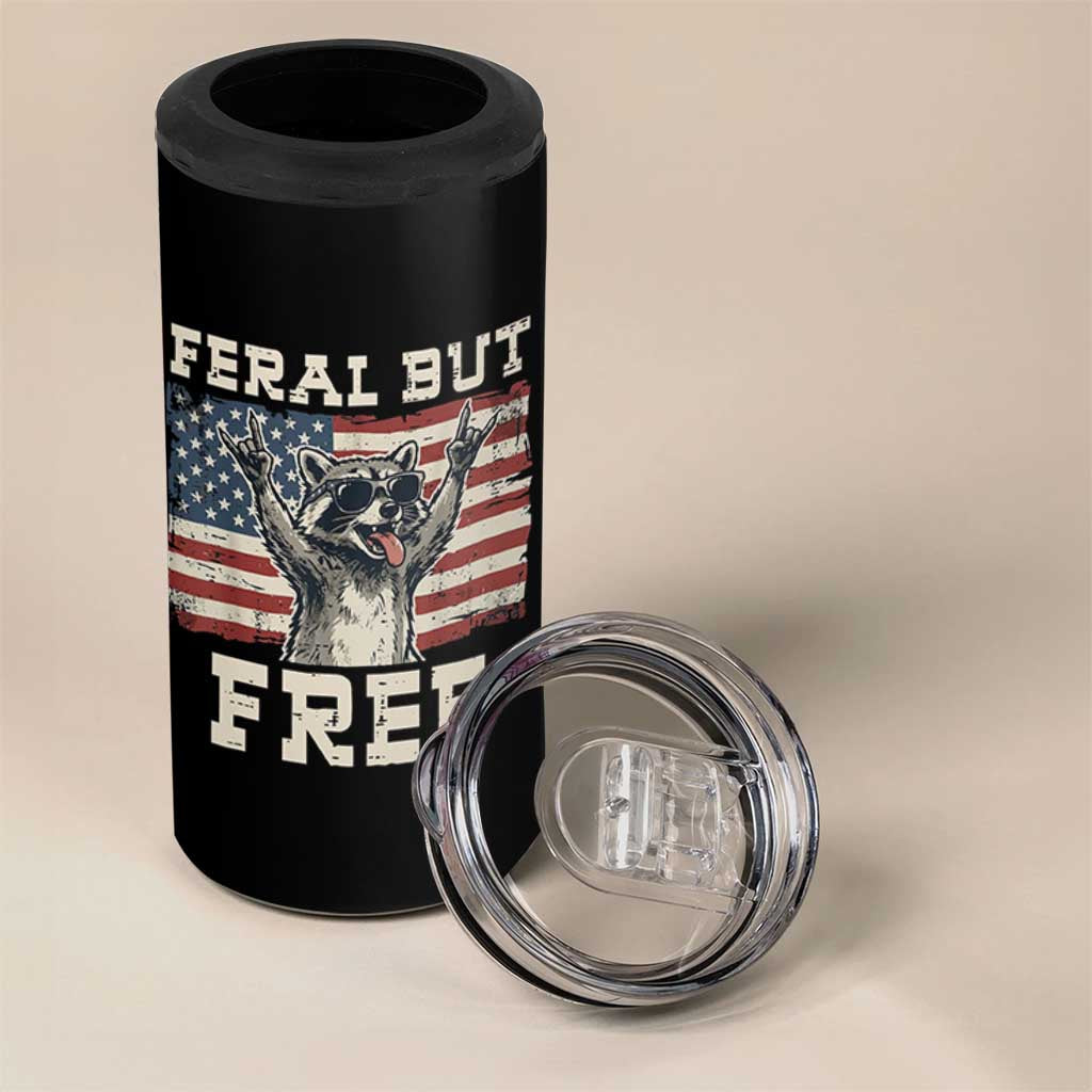 Feral But Free Funny Raccoon Patriotic 4 in 1 Can Cooler Tumbler Cool American Flag Sunglasses Rock On Hand Signs Vintage USA Flag