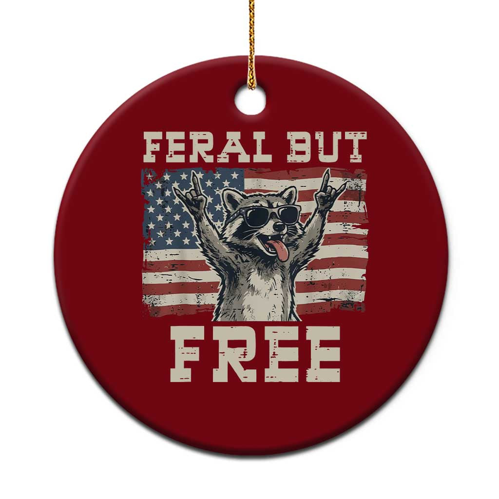 Feral But Free Funny Raccoon Patriotic Ceramic Ornament Cool American Flag Sunglasses Rock On Hand Signs Vintage USA Flag