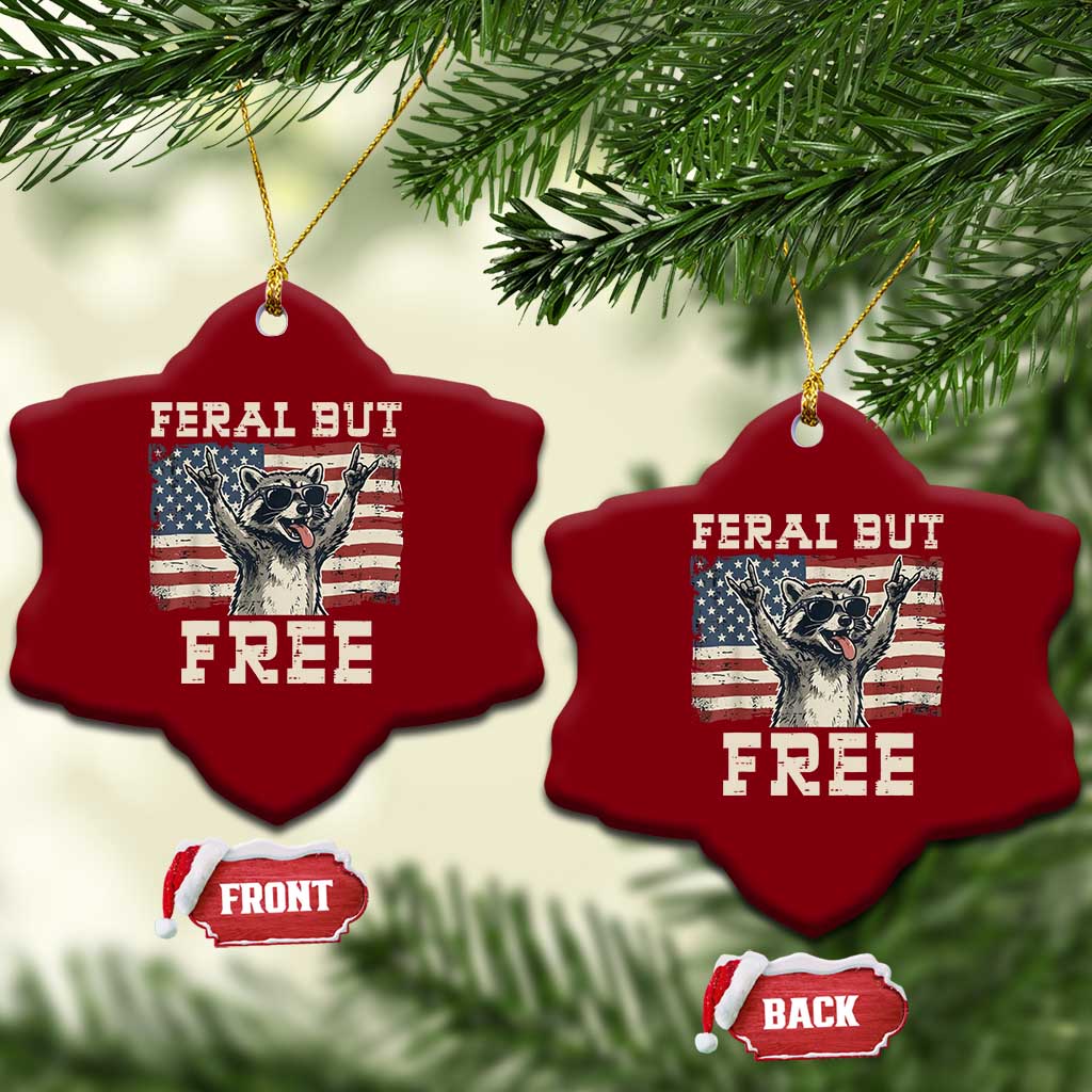 Feral But Free Funny Raccoon Patriotic Ceramic Ornament Cool American Flag Sunglasses Rock On Hand Signs Vintage USA Flag
