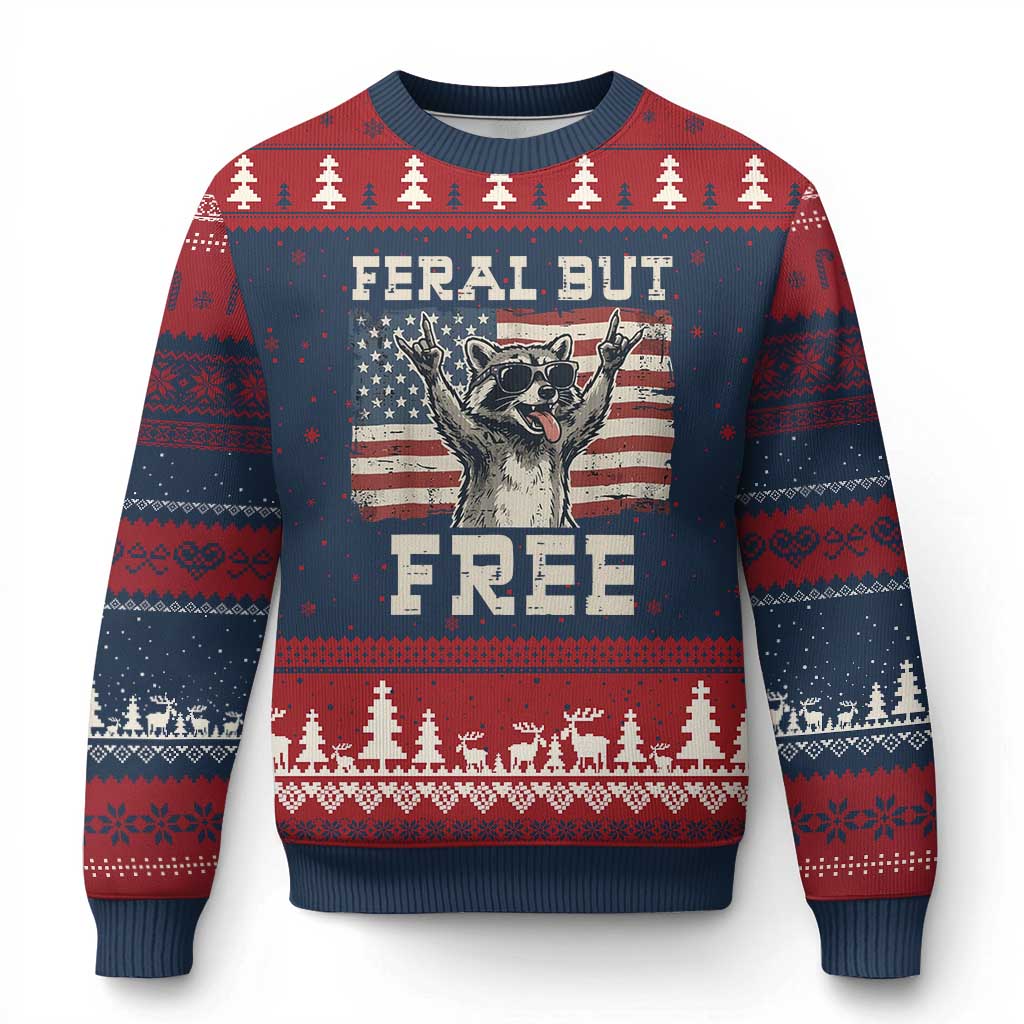 Feral But Free Funny Raccoon Patriotic Ugly Christmas Sweater Cool American Flag Sunglasses Rock On Hand Signs Vintage USA Flag
