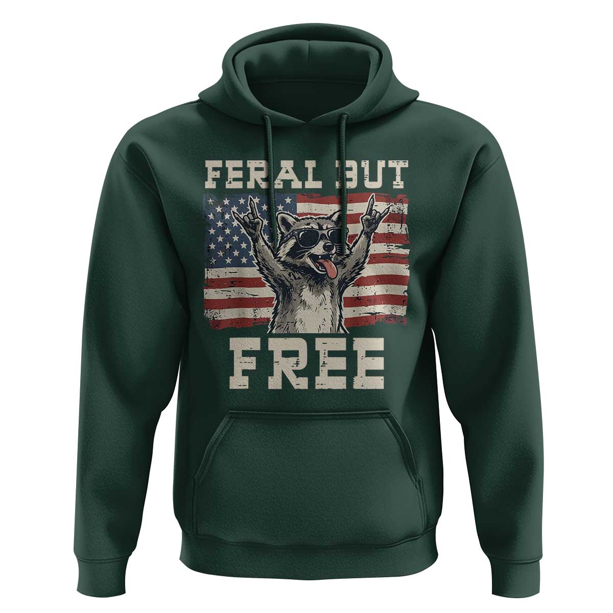 Feral But Free Funny Raccoon Patriotic Hoodie Cool American Flag Sunglasses Rock On Hand Signs Vintage USA Flag