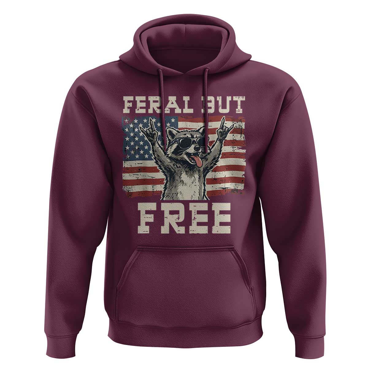 Feral But Free Funny Raccoon Patriotic Hoodie Cool American Flag Sunglasses Rock On Hand Signs Vintage USA Flag