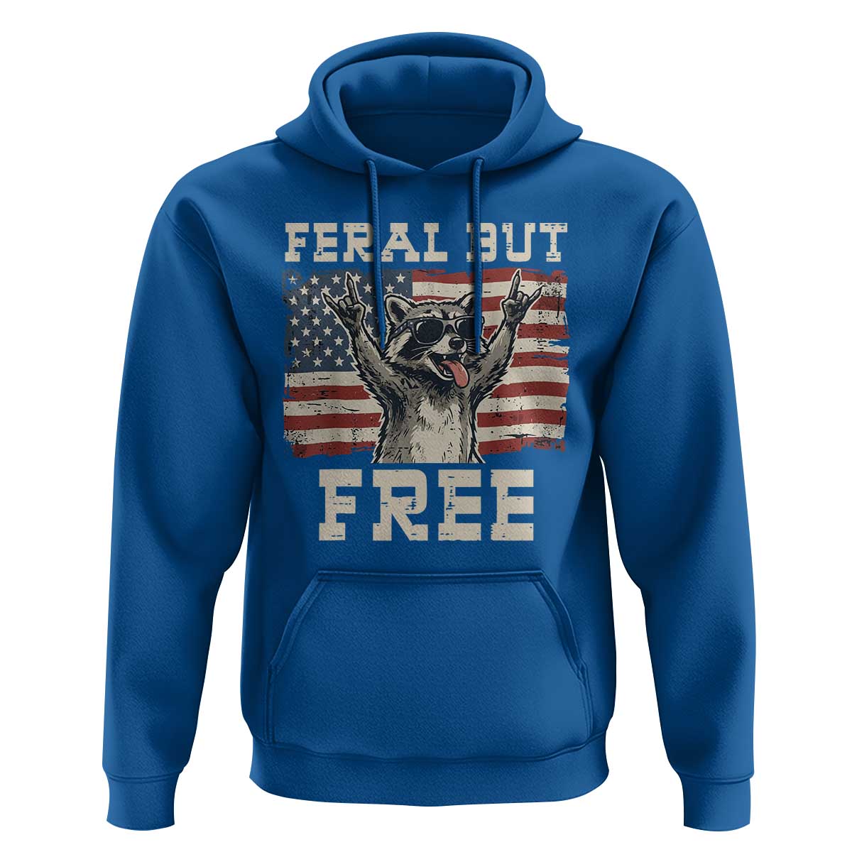 Feral But Free Funny Raccoon Patriotic Hoodie Cool American Flag Sunglasses Rock On Hand Signs Vintage USA Flag