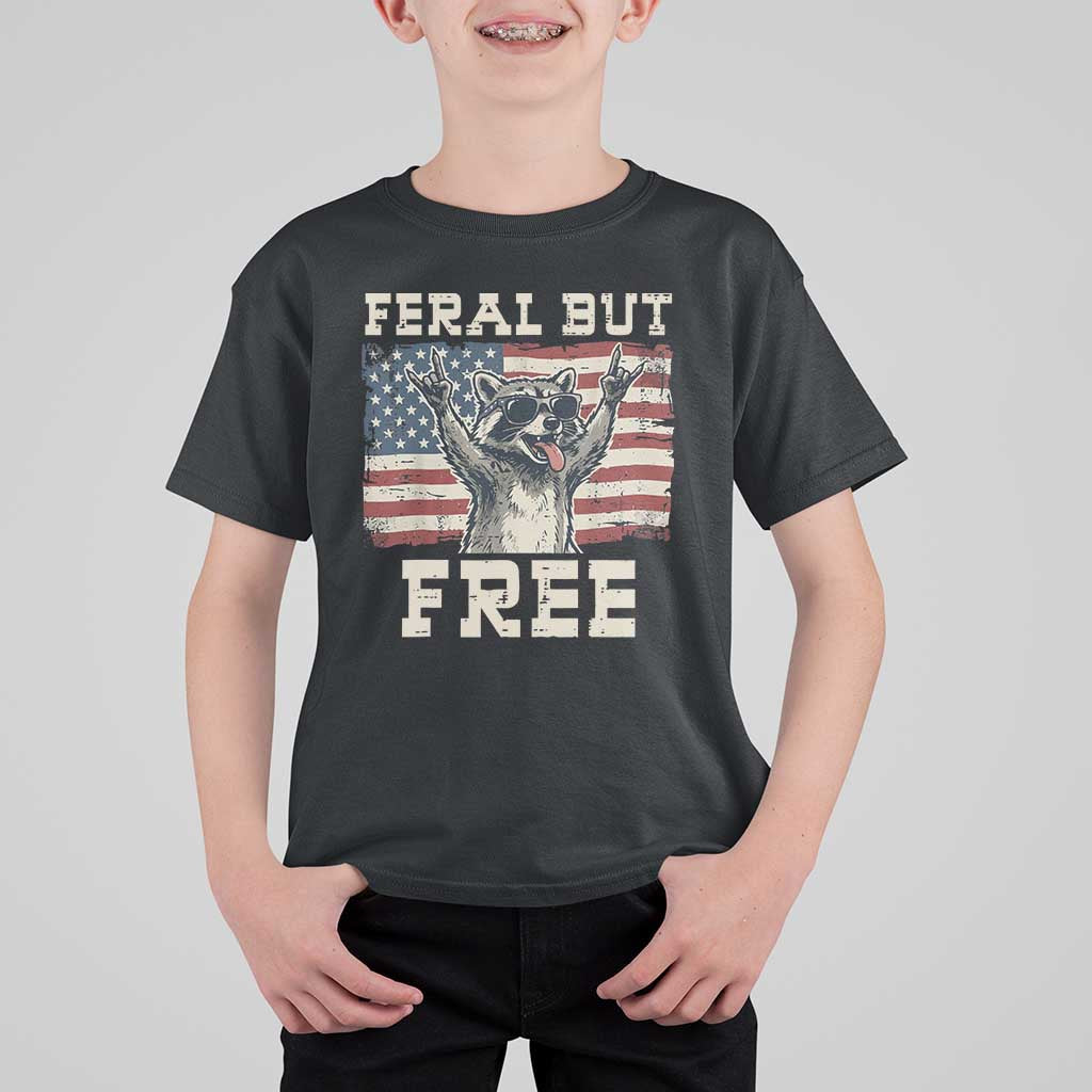 Feral But Free Funny Raccoon Patriotic T Shirt For Kid Cool American Flag Sunglasses Rock On Hand Signs Vintage USA Flag
