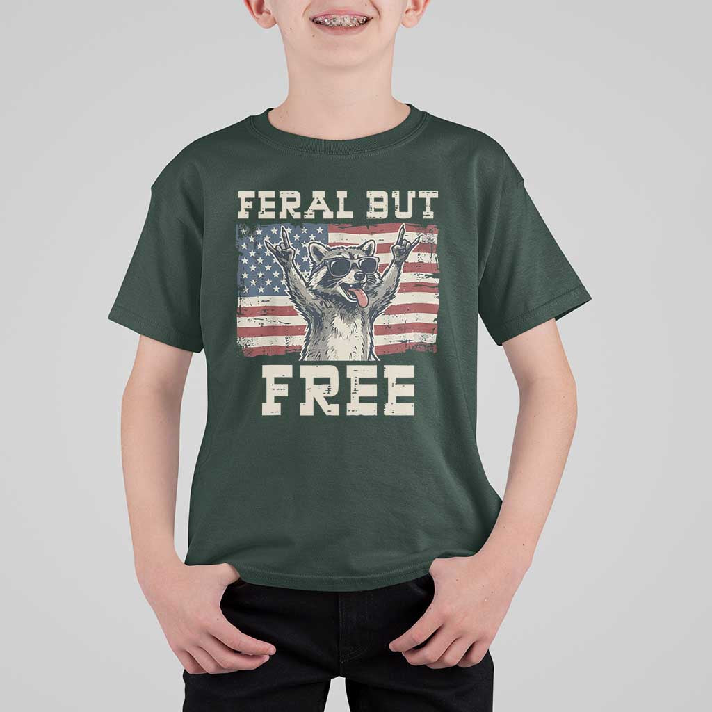 Feral But Free Funny Raccoon Patriotic T Shirt For Kid Cool American Flag Sunglasses Rock On Hand Signs Vintage USA Flag