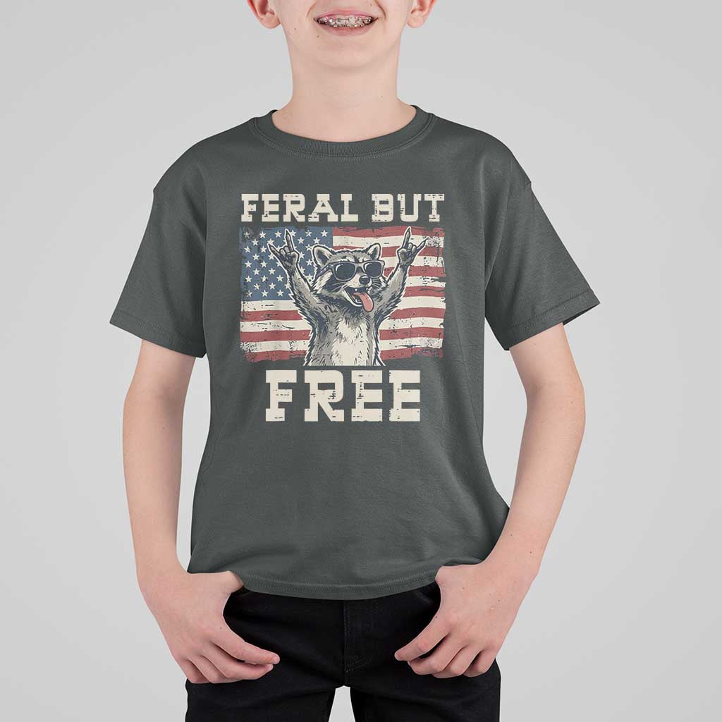 Feral But Free Funny Raccoon Patriotic T Shirt For Kid Cool American Flag Sunglasses Rock On Hand Signs Vintage USA Flag
