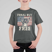 Feral But Free Funny Raccoon Patriotic T Shirt For Kid Cool American Flag Sunglasses Rock On Hand Signs Vintage USA Flag