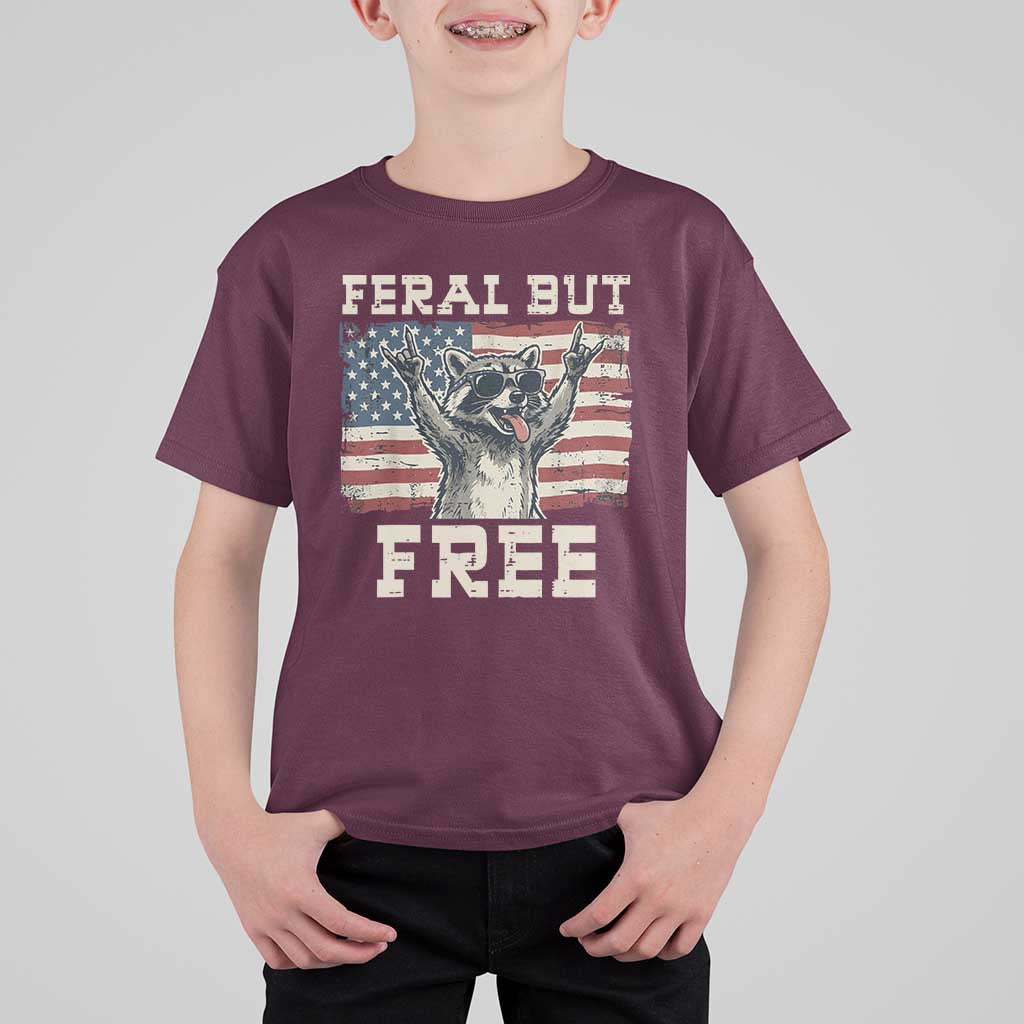 Feral But Free Funny Raccoon Patriotic T Shirt For Kid Cool American Flag Sunglasses Rock On Hand Signs Vintage USA Flag