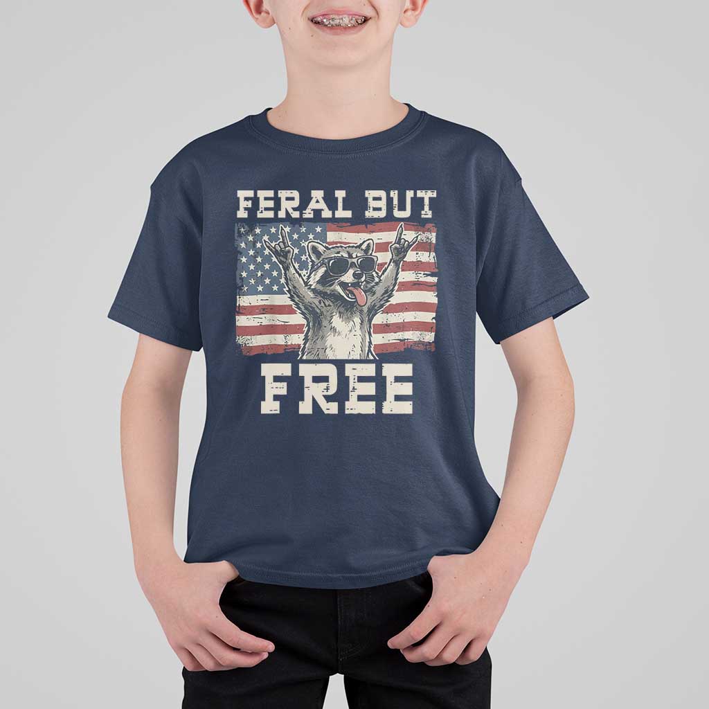 Feral But Free Funny Raccoon Patriotic T Shirt For Kid Cool American Flag Sunglasses Rock On Hand Signs Vintage USA Flag