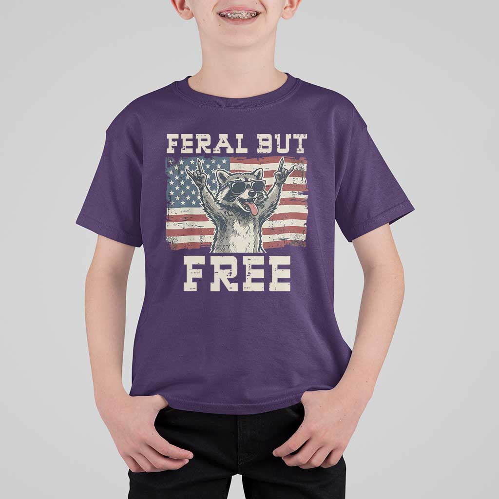 Feral But Free Funny Raccoon Patriotic T Shirt For Kid Cool American Flag Sunglasses Rock On Hand Signs Vintage USA Flag